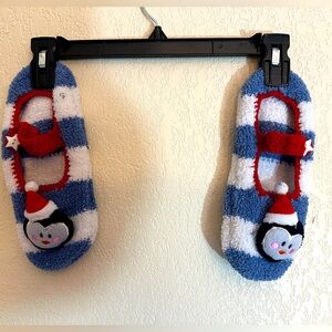 Blue and White Striped Penguin Sock Slippers